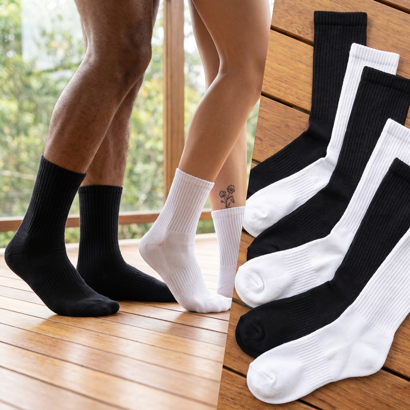 Kits de meias cano médio em algodão branco e preto