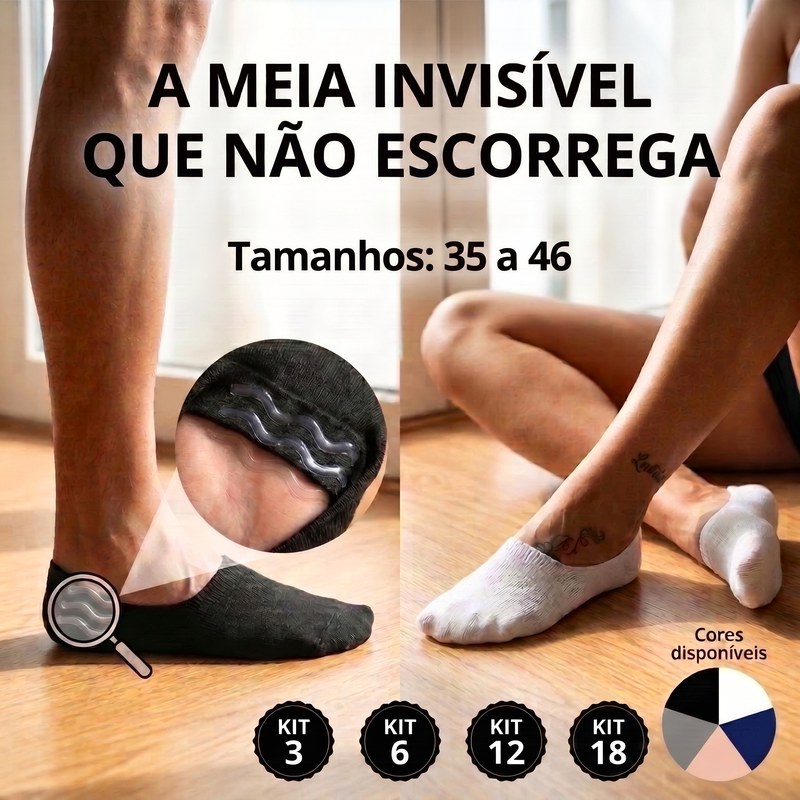 Meia invisível com trava de silicone antiderrapante no calcanhar