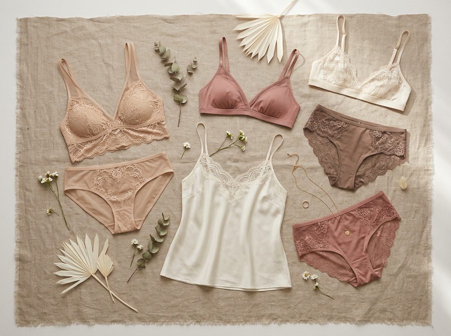Peças de moda íntima em tons neutros dispostas sobre linho
